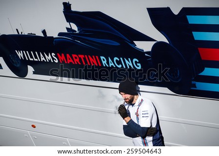 BARCELONA - FEBRUARY 22: Williams Martini Racing mechanic at Formula One Test Days at Catalunya circuit on February 22, 2015 in Barcelona, Spain.