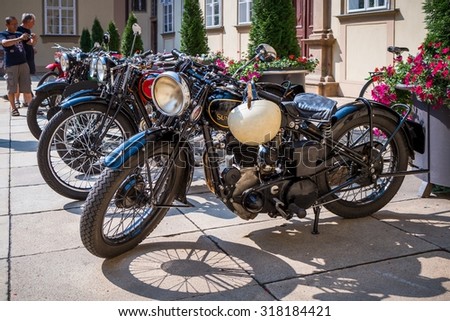 BRNO, CZ - AUGUST 13: Bikes exhibition at Town Hall ahead of the Czech Republic Grand Prix on August 13, 2015 in Brno, Czech Republic.