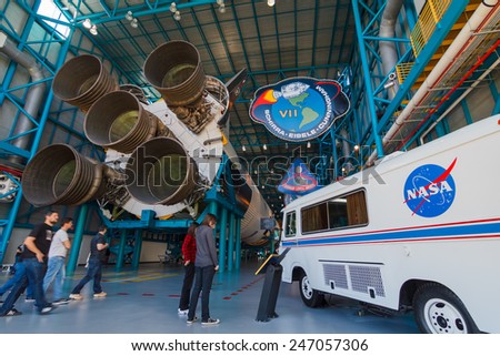 [2014-12-14]Apollo/Saturn V Center at Kennedy Space Center, Orlando, Florida. This is the rocket used to go to the moon in 1969. Rockets and visitors are visible in the photo.