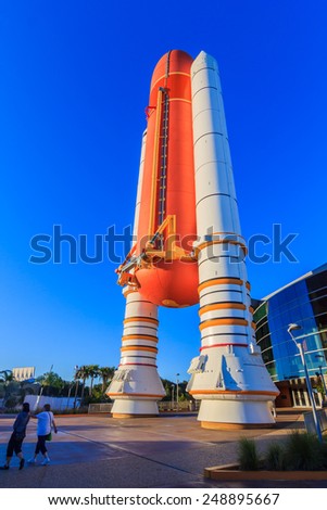 [2014-12-14]Entrance to the NASA Space Shuttle Atlantis Exhibit at Kennedy Space Center Visitor Complex, Merritt Island, Florida. There is a scaled down version of Space Shuttle at the entrance.