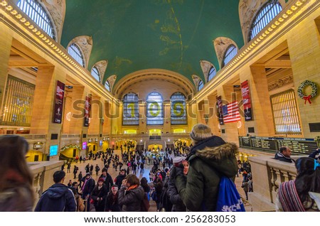 [2013-12-28] Grand Central Terminal, New York City which was first build in 1871. This is the largest subway terminal by number of platforms. Station building and passengers are in the photo.