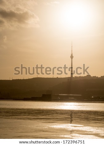 The Television Tower seen from the Baku Boulevard at sunset.