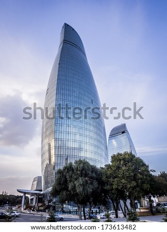 BAKU, AZERBAIJAN - NOVEMBER 22, 2013: Flame Towers in Baku, Azerbaijan. Flame Towers are the first flame-shaped skyscrapers in the world an they can be seen from almost any point of the city.