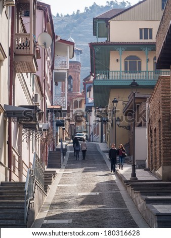 TBILISI, GEORGIA - MARCH 03, 2014: One of the streets in the Old Town of Tbilisi, Georgia, on a spring day. The Old Town is a major tourist attraction.