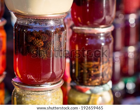 Home-made pine tree cones jam, specialty of Borjomi, Georgia. Borjomi is a resort town known for its mineral waters, the pine tree jam produced there is claimed to be good for improving immunity.