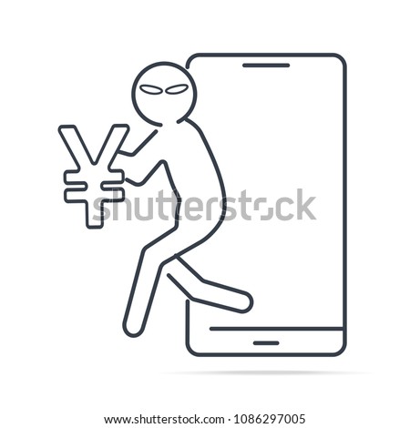 Hacker or Thief stealing money from smartphone and Yen or Yuan CNR sign icon. Internet security concept. simple line illustration.
