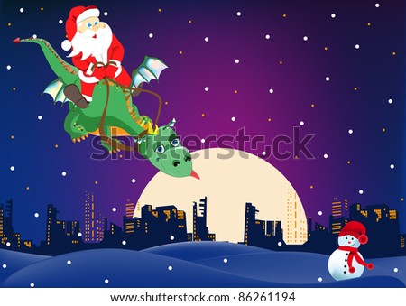 Santa Claus is flying on a green dragon on the town