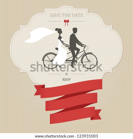 Vintage wedding invitation with tandem bicycle and place for text