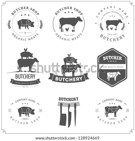 Set of butcher shop labels and design elements