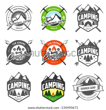 Set of vintage camping labels and badges