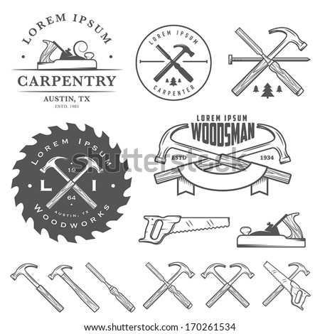 Set of vintage carpentry tools, labels and design elements