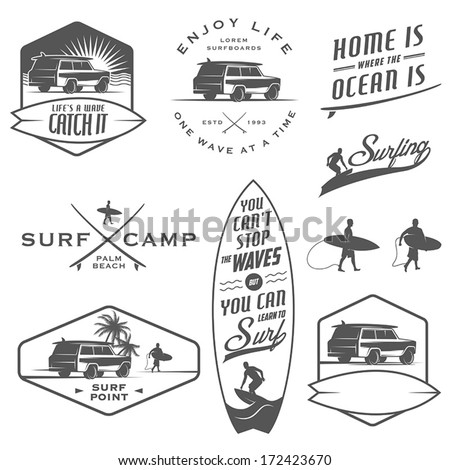 Set of vintage surfing labels, badges and design elements