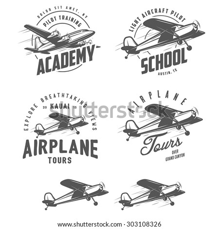 Light airplane related emblems, labels and design elements