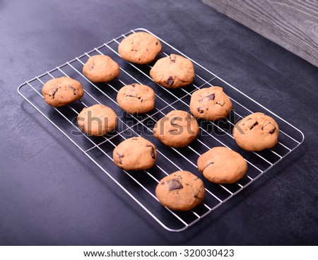 Home baked chocolate cookies on cooling rack on black background