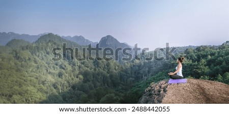 Similar – Image, Stock Photo Female relaxing on cliff and admiring picturesque view