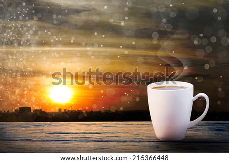 Coffee cup with Bokeh and morning sun. sunrise of light