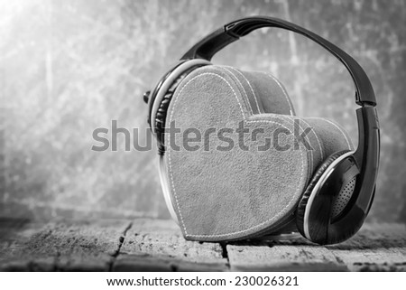 Headphones with  heart. love music. vintage retro.black and white