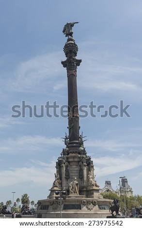 BARCELONA, SPAIN - August 10, 2014: The Columbus Monument a statue by Rafael Atche Catalonia, The Columbus Monument is a 60 m tall monument to Christopher Columbus at the lower end of La Rambla.