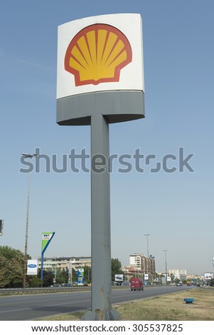 Sofia, Bulgaria - August 05, 2015: Shell Oil filling station sign and logo on a road. Shell Oil Company is among the largest oil companies in the world.