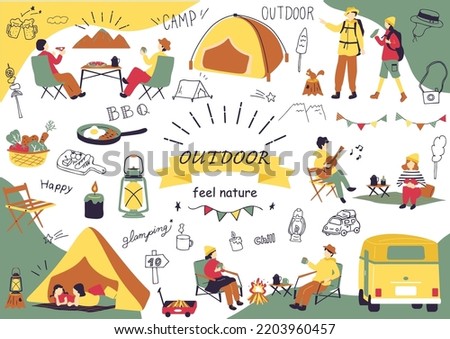  set illustration of outdoor camping items and people