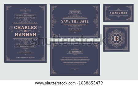 Set wedding flourishes ornaments invitations cards. Invite, save the date, table number and information design. Vintage victorian frames and decorations. Vector elegant template.