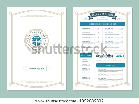 Seafood restaurant menu design and logo vector brochure template. Fish steak silhouette.