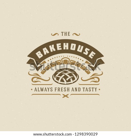 Bakery badge or label retro vector illustration. Pie and oven silhouettes for bakehouse. Typographic logo design.