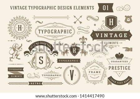 Vintage typographic design elements set vector illustration. Labels and badges, retro ribbons, luxury ornate logo symbols, calligraphic swirls, flourishes ornament vignettes and other. Foto d'archivio © 