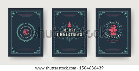Christmas greeting cards set vintage typographic design, ornate decoration symbols with winter holidays wishes, ornament and flourish frames. Vector illustration.