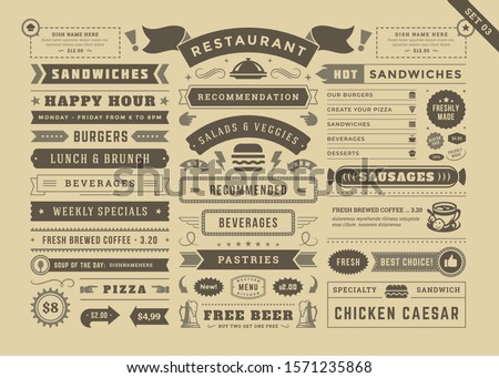 Restaurant menu typographic decoration design elements set vintage and retro style vector illustration. Food signs and symbols, ornate elements with dividers, ribbons and frames old newspaper style.