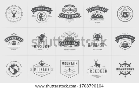 Camping logos and badges templates vector design elements and silhouettes set. Outdoor adventure mountains and forest camp vintage style emblems and logos retro illustration.