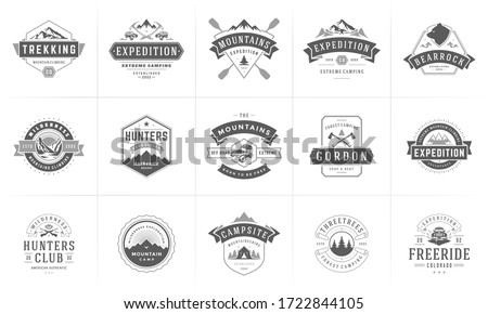 Camping logos and badges templates vector design elements and silhouettes set. Outdoor adventure mountains and forest camp vintage style emblems and logos retro illustration.