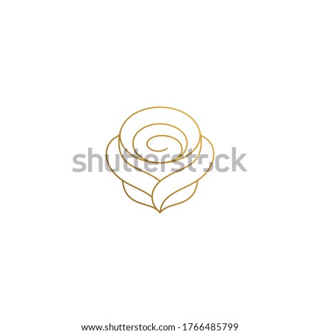 Simple vector illustration of minimal linear style emblem design template of elegant beautiful rose hand drawn with thin golden lines