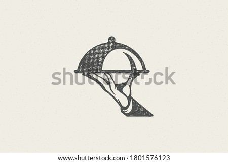 Silhouette hand of waiter carrying dish with cloche hand drawn stamp effect vector illustration. Vintage grunge texture emblem for package and menu design or label decoration. Photo stock © 