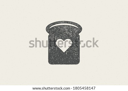 Silhouette of piece of bread with heart designed as logo of bakery hand drawn stamp effect vector illustration. Vintage grunge texture for packaging and menu design or label decoration.