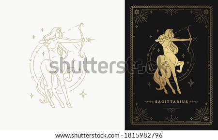 Zodiac sagittarius girl horoscope sign line art silhouette design vector illustration. Golden symbol for feminine astrology card template or poster.