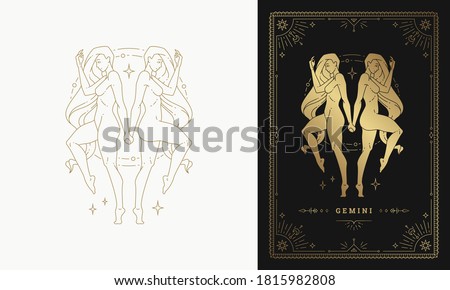 Zodiac gemini girl horoscope sign line art silhouette design vector illustration. Golden symbol with frame for feminine astrology card template or poster.