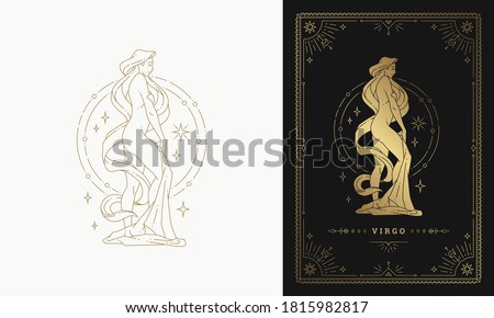 Zodiac virgo girl horoscope sign line art silhouette design vector illustration. Golden symbol with frame for feminine astrology card template or poster.