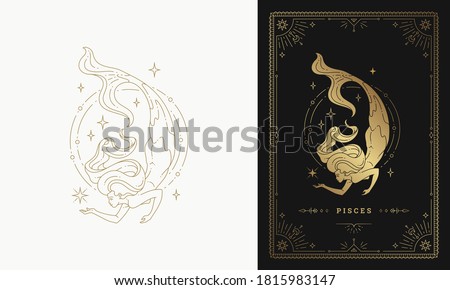 Zodiac pisces girl character horoscope sign line art silhouette design vector illustration. Golden symbol with frame for feminine astrology card template or poster.
