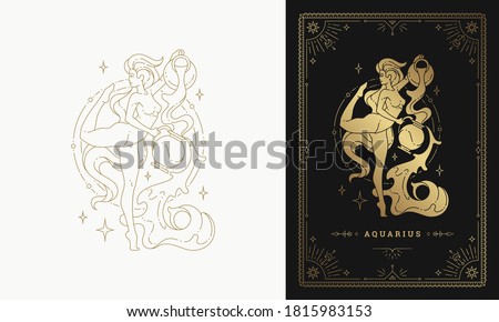 Zodiac aquarius girl character horoscope sign line art silhouette design vector illustration. Golden symbol with frame for feminine astrology card template or poster.