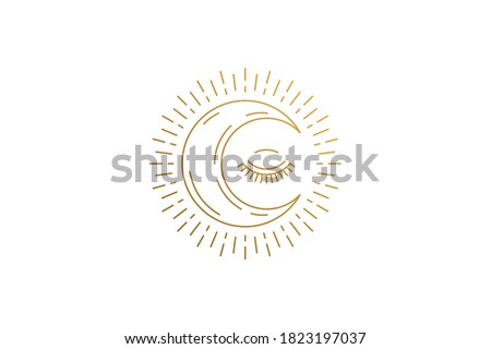 Shining moon crescent with closed eye silhouette linear vector illustration. Crescent moon with rays of light and eye outline style. Good for mystic logo emblem or poster decoration.