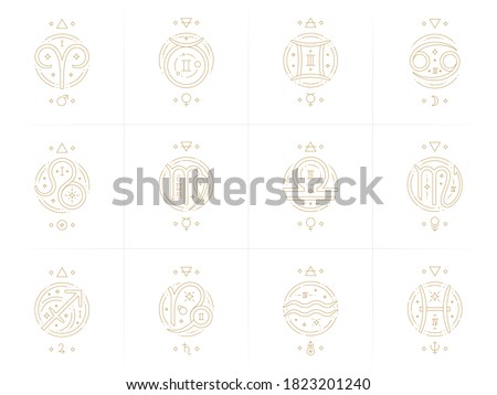 Zodiac astrology horoscope glyphs linear design vector illustrations set. Elegant line art symbols and icons of esoteric zodiacal horoscope templates for card or poster isolated on white background.