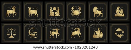 Zodiac astrology horoscope signs linocut silhouettes design vector illustrations set. Elegant symbols and icons of esoteric zodiacal horoscope templates for logo or poster isolated on black background