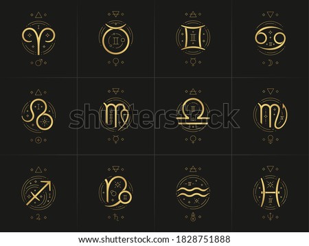 Zodiac astrology horoscope glyphs linocut silhouettes design vector illustrations set. Elegant symbols and icons of esoteric zodiac horoscope templates for card or poster isolated on black background