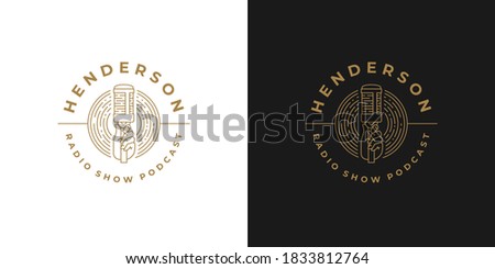 Hand of singer with microphone logo linear vector illustration. Singer holding modern microphone silhouette for radio show industry. Good for comedy stand up logotype emblem or podcast brand.