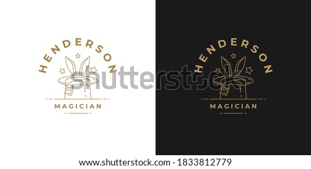 Rabbit ears in magic hat logo linear vector illustration. Golden mystic hat with bunny ears and stars emblem of magic show. Good for magician logotype emblem or magic brand.
