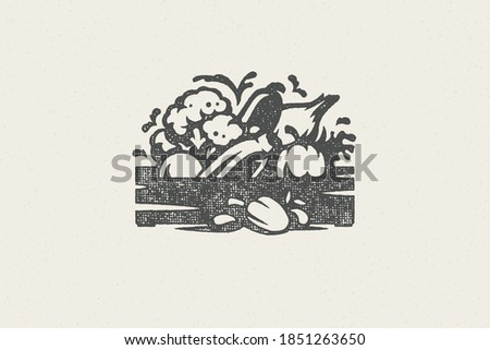 Bunch of various natural fresh vegetables silhouettes for grocery and food farmers market hand drawn stamp effect vector illustration. Grunge texture emblem for farm package design or label decoration