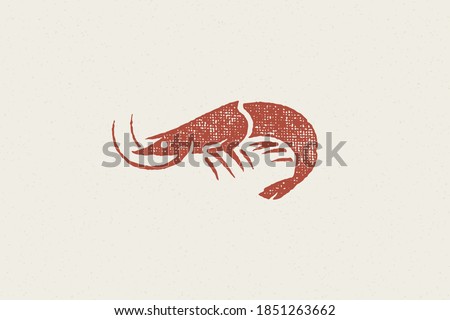 Shrimp silhouette hand drawn stamp effect vector illustration. Vintage grunge texture emblem for package and menu design or label decoration.