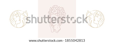 Magic nymphs tender female enchantresses in boho linear style vector illustrations set. Simple bohemian emblems in golden lines with beauty woman heads symbols for mystic design and cosmetic concept