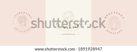 Feminine logos emblems design templates set with magic female portraits vector illustrations minimal linear style. Outline symbols for hairdresser insignia or beauty salon branding